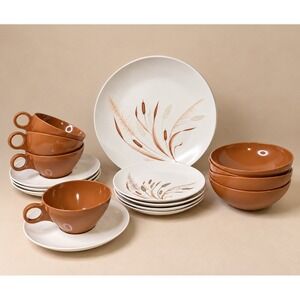 Vintage MCM Prolon Beverly Melmac Melamine Dinnerware Set 20 Pcs Cattails Wheat